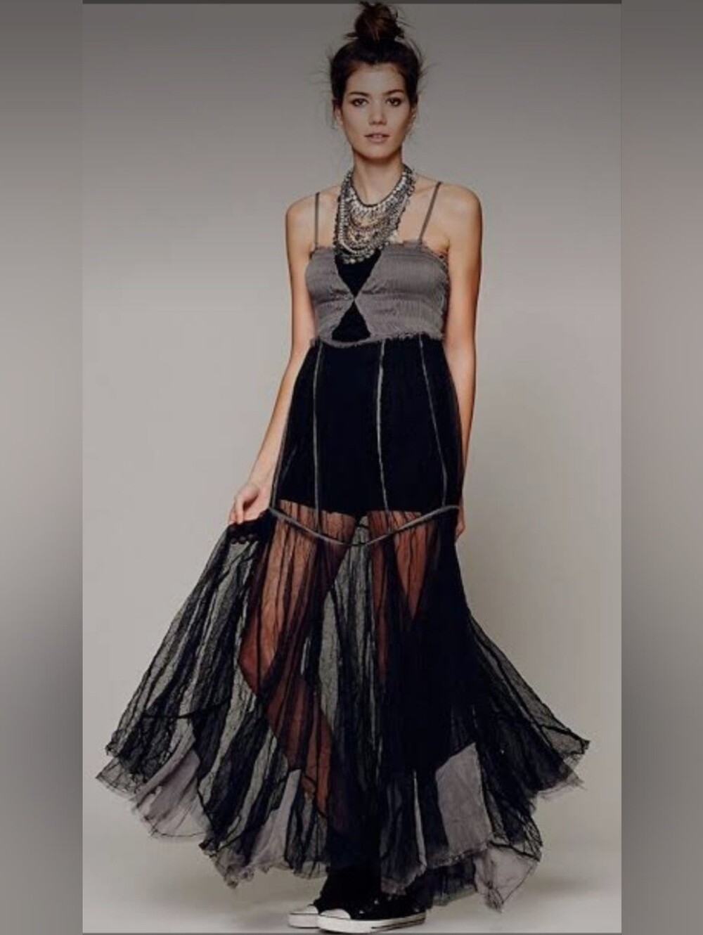 Free People Black and Gray Sheer Maxi Dress with Spaghetti Straps